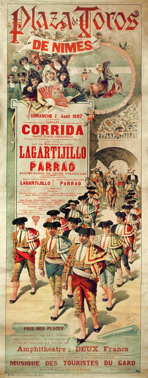 Póster anunciando una corrida de toros en la Plaza de Toros, Nimes, 1 de agosto de 1897, grabado por J. Ortega de J. and Pastor, E. Estellor