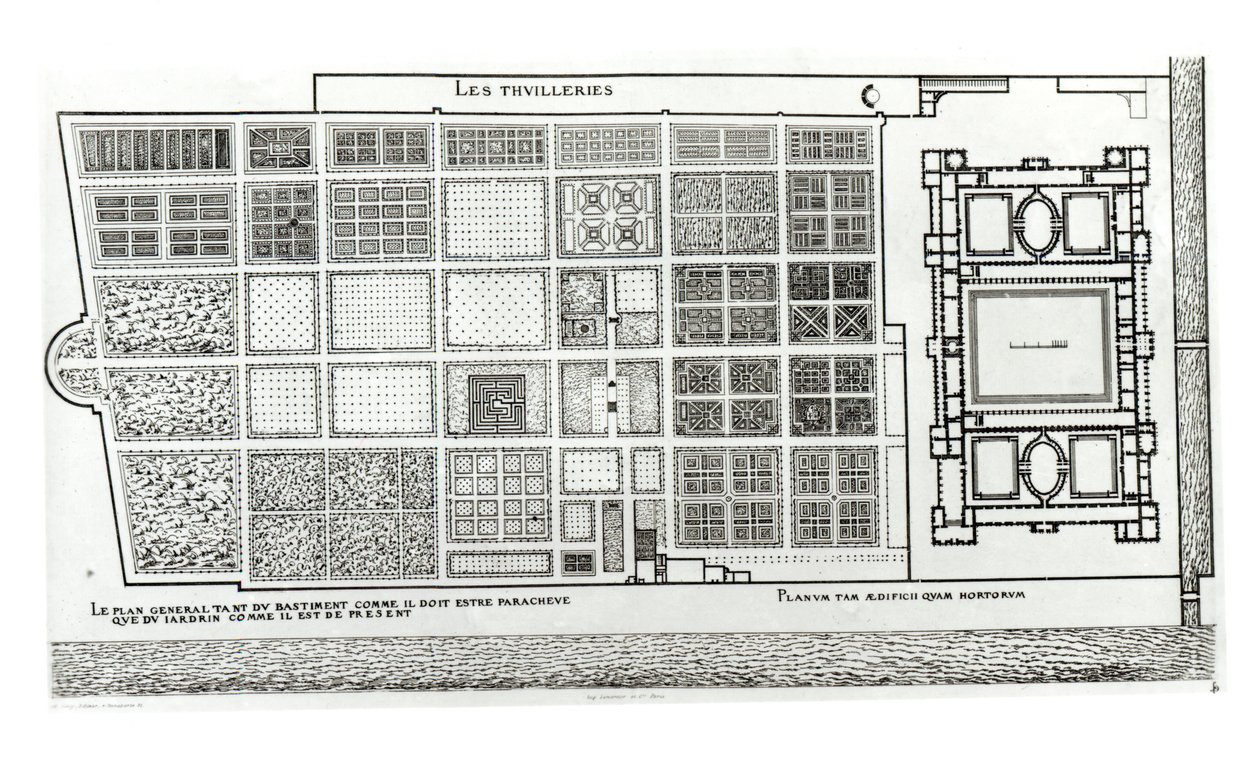 Plano del Palacio y Jardín de las Tullerías en París en el siglo XVI, publicado por A. Levy, siglo XIX de J. Androuet Ducerceau