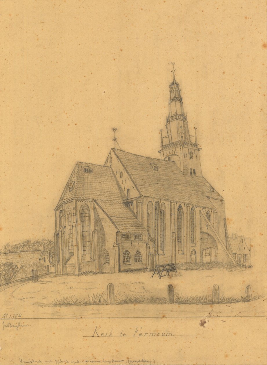 Dibujo de la antigua iglesia de Farmsum antes de la demolición de la torre en 1855 (y la iglesia en 1869) de J. Berghuis