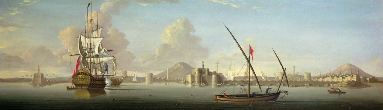 Vista Extensa del Puerto de Alejandría con un Buque de Guerra Británico Anclado de J. Cook