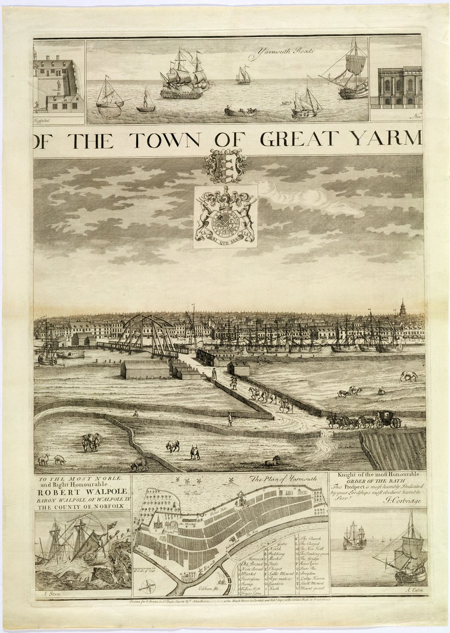 La perspectiva oeste de la ciudad de Great Yarmouth en Norfolk, grabado por John Harris de J. Corbridge