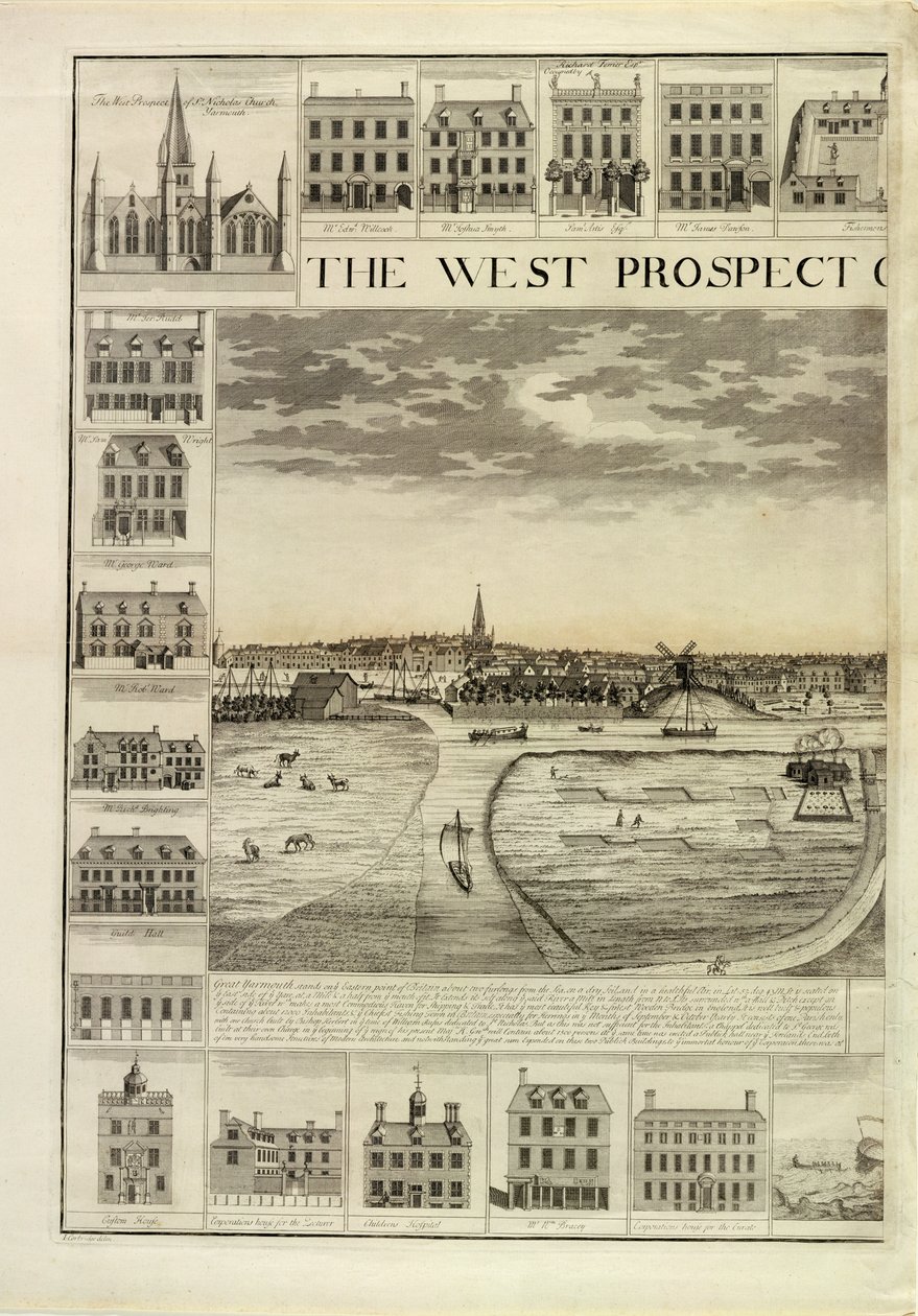 La perspectiva oeste de la ciudad de Great Yarmouth en Norfolk, grabado por John Harris de J. Corbridge