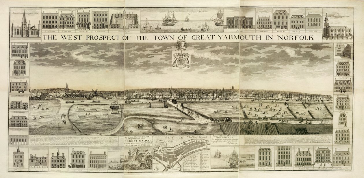 La Vista Oeste de la Ciudad de Great Yarmouth en Norfolk, grabado por John Harris (fl.1686-1740) de J. Corbridge