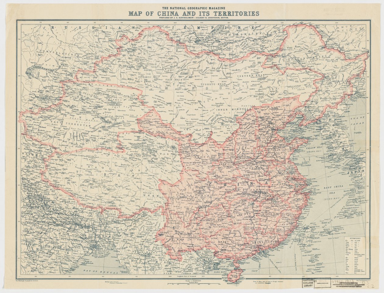 Mapa de la revista National Geographic de China y sus territorios de J. G. Bartholomew