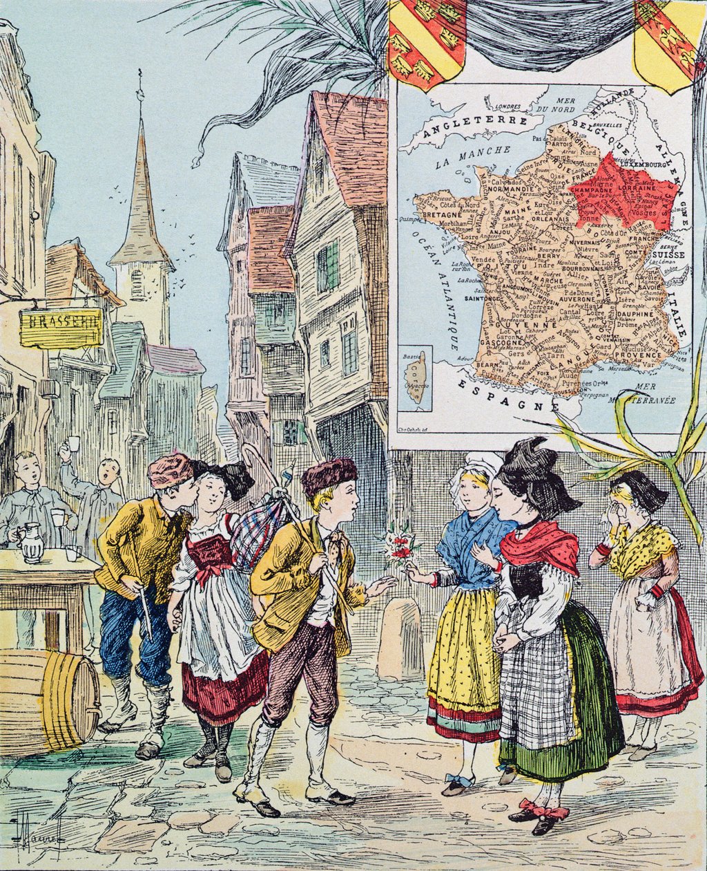 Alsacia-Lorena, ilustración para Le Tour de France por Marie de Grandmaison, 1893 de J. Maurel