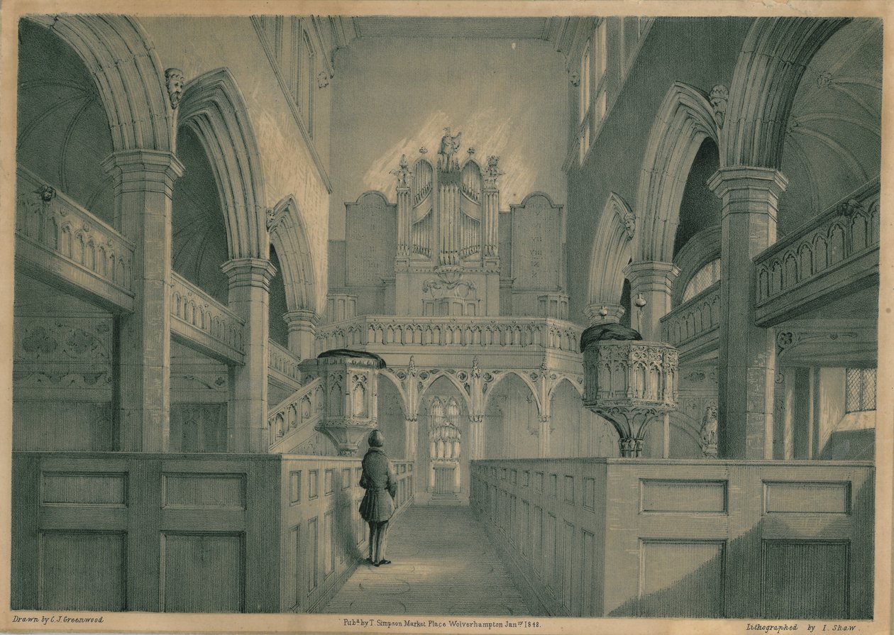 Vista interior de la iglesia de San Pedro, Wolverhampton, 1848 de J. Show