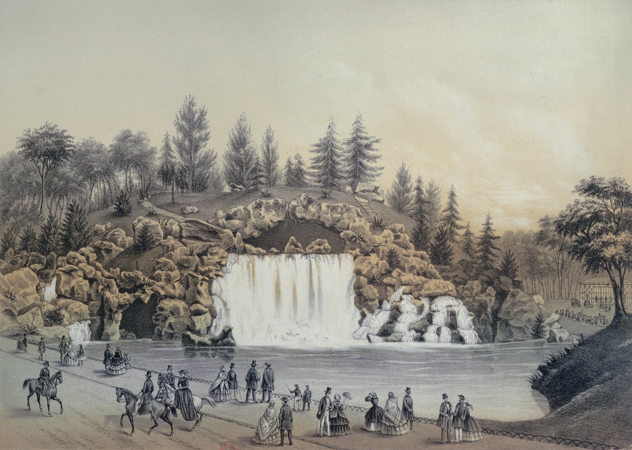 La Gran Cascada en el Bois de Boulogne en París, publicada por Caudrilier, 1860 de J. Walter