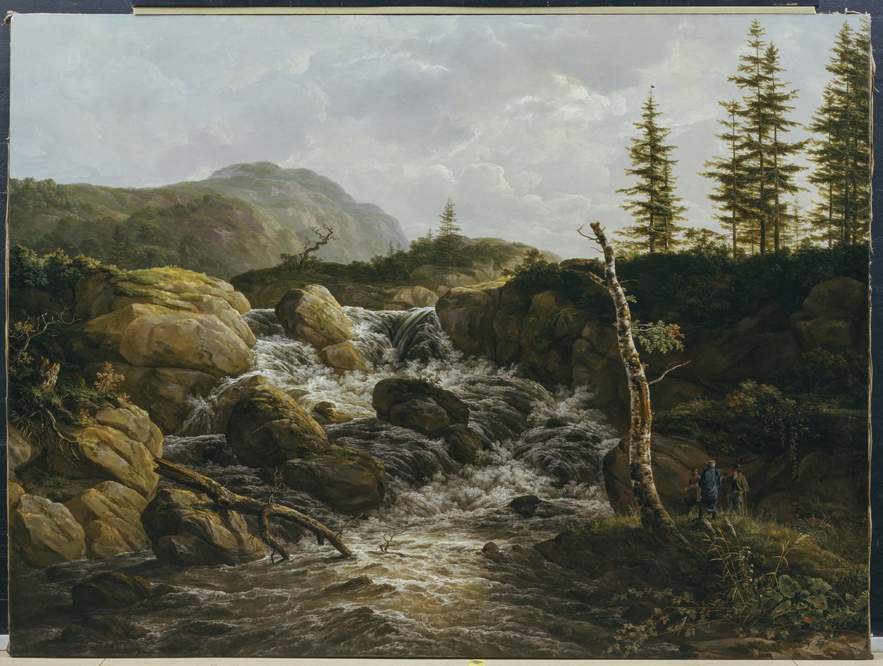 Paisaje montañoso con una cascada, Noruega de Johan Christian Dahl