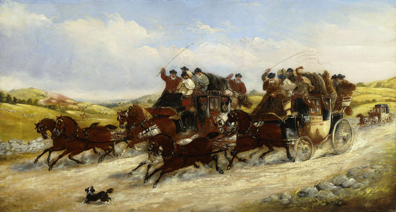 Una carrera de Liverpool a Manchester con una caza más allá, 1880 de J.C. Maggs
