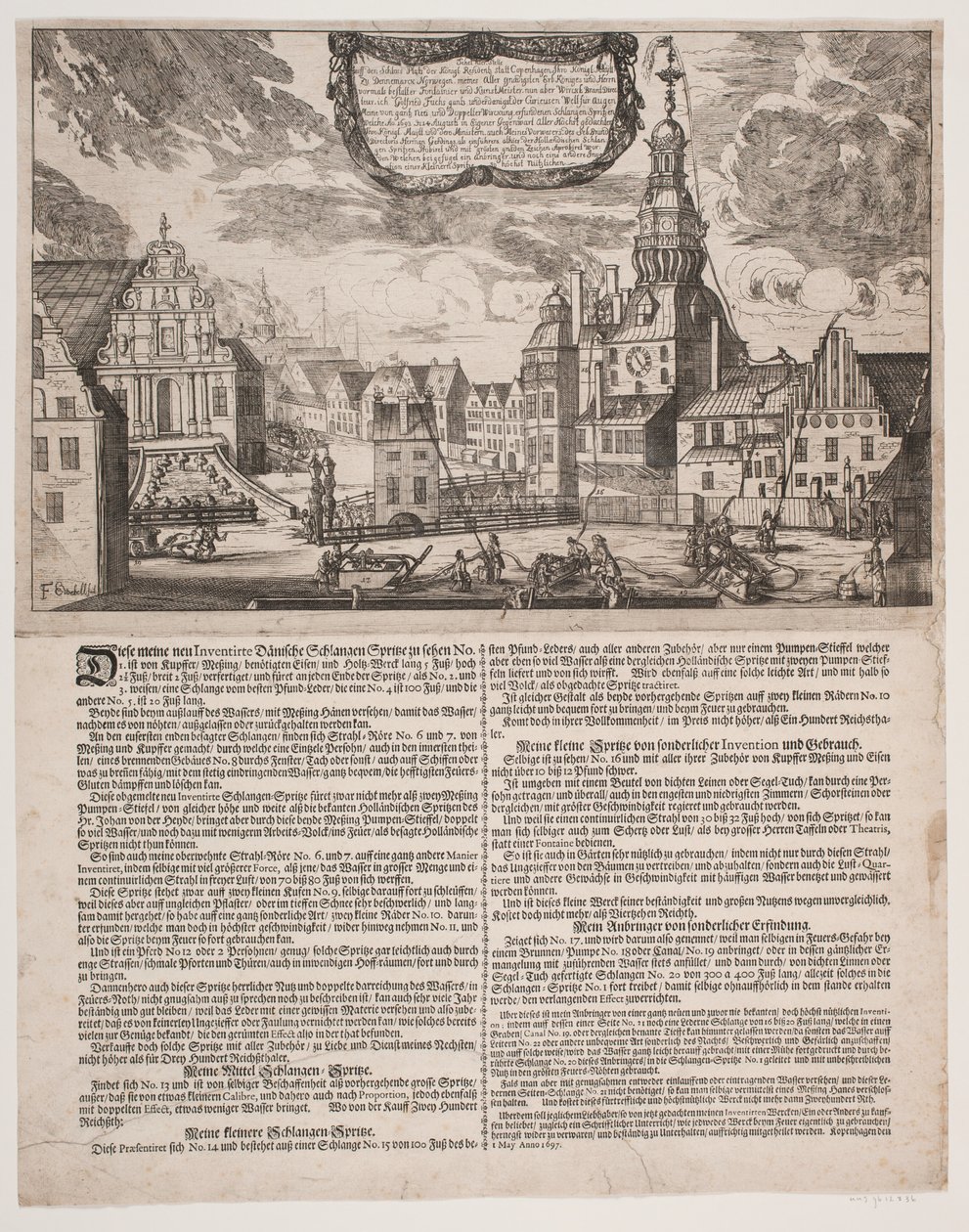 La plaza del castillo en Copenhague durante el uso de las bombas inventadas por el director de bomberos Fuchs de J.E. Wedel