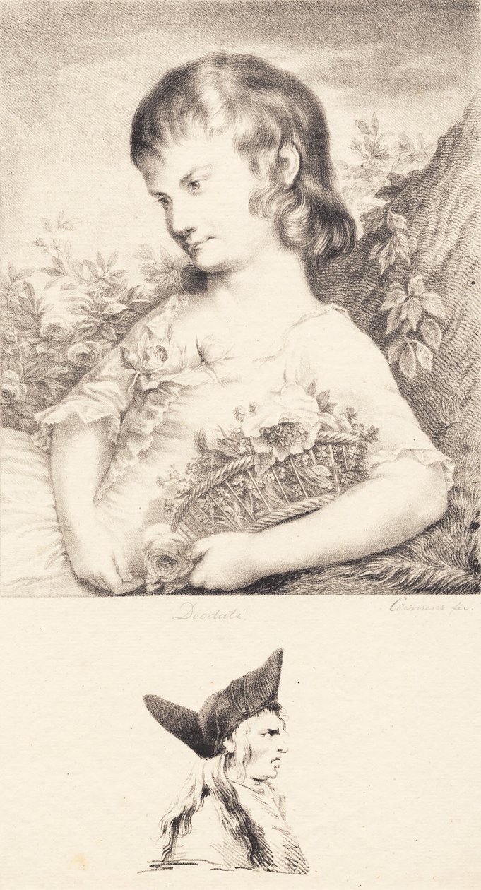 Una niña pequeña con una cesta de flores y retrato de un hombre de J.F. Clemens