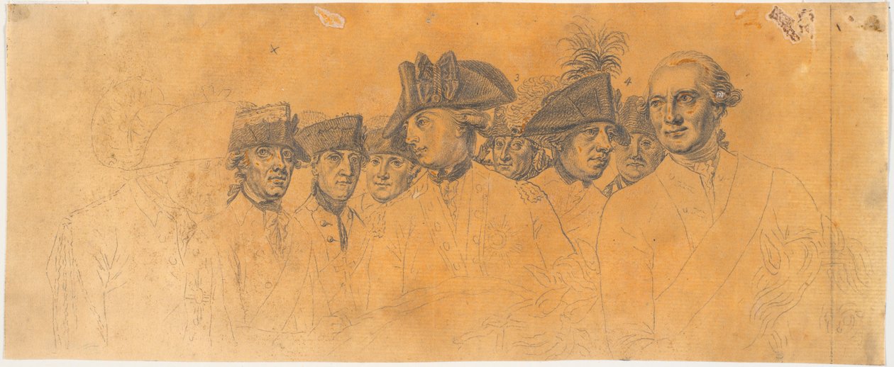 Preparación para el grabado: Federico el Grande cabalgando de regreso después de una revista en Potsdam de J.F. Clemens