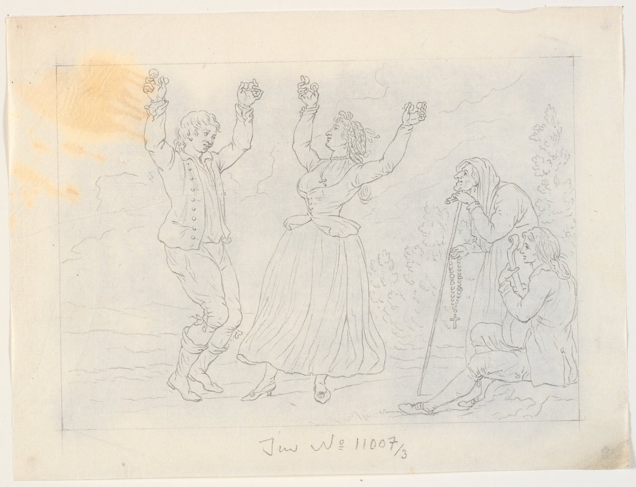 Hombre y mujer bailando fandango. Un joven tocando la guitarra y una anciana observando de J.F. Clemens