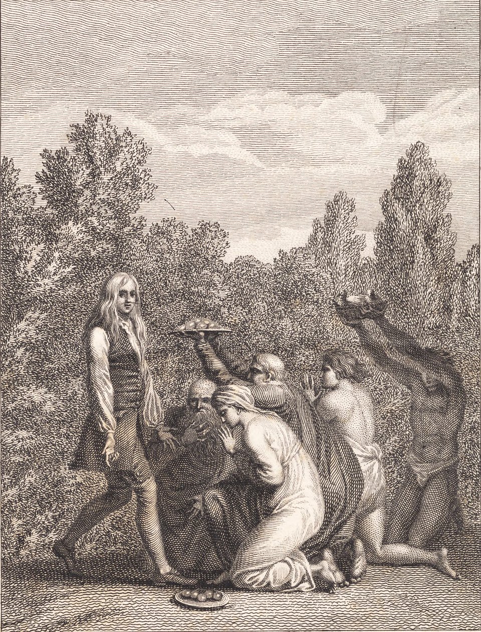 Niels Klim es honrado por los Qvamitas, que le traen regalos y se arrodillan ante él de J.F. Clemens