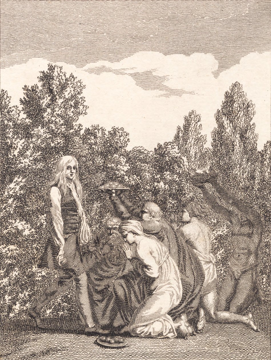 Niels Klim es honrado por los Qvamiterne, que le traen regalos y se arrodillan ante él de J.F. Clemens
