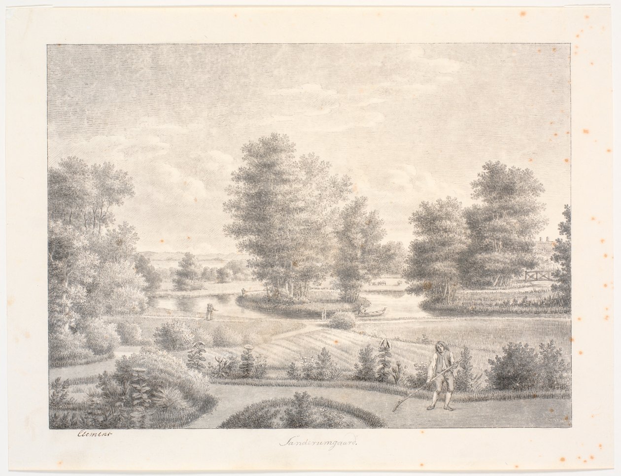 El jardín de Sanderumgaard con isla arbolada. En primer plano, hombre con rastrillo de J.F. Clemens