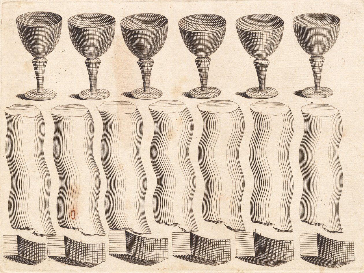 Hoja de estudio de copas y partes de una varilla torcida de J.F. Clemens