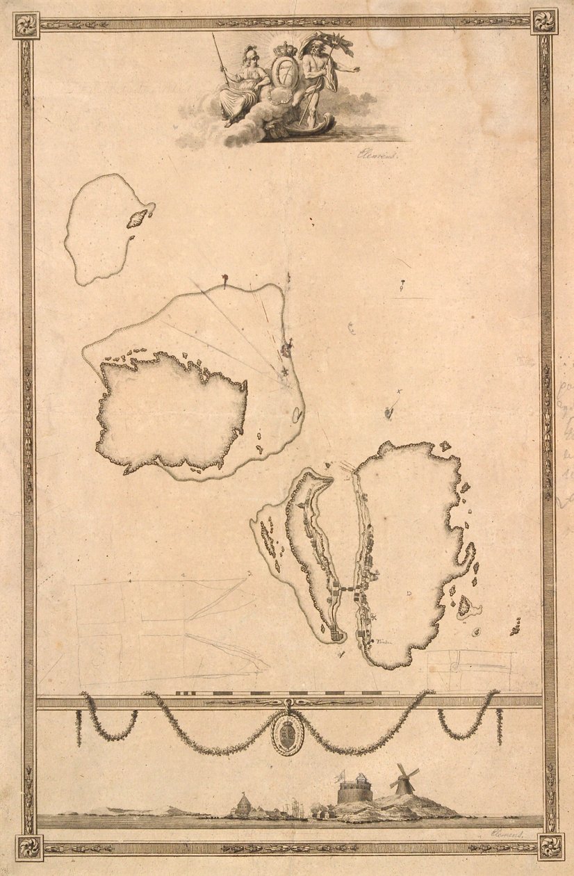 Vigneta de título y prospecto para el mapa de Christiansø de J.F. Clemens
