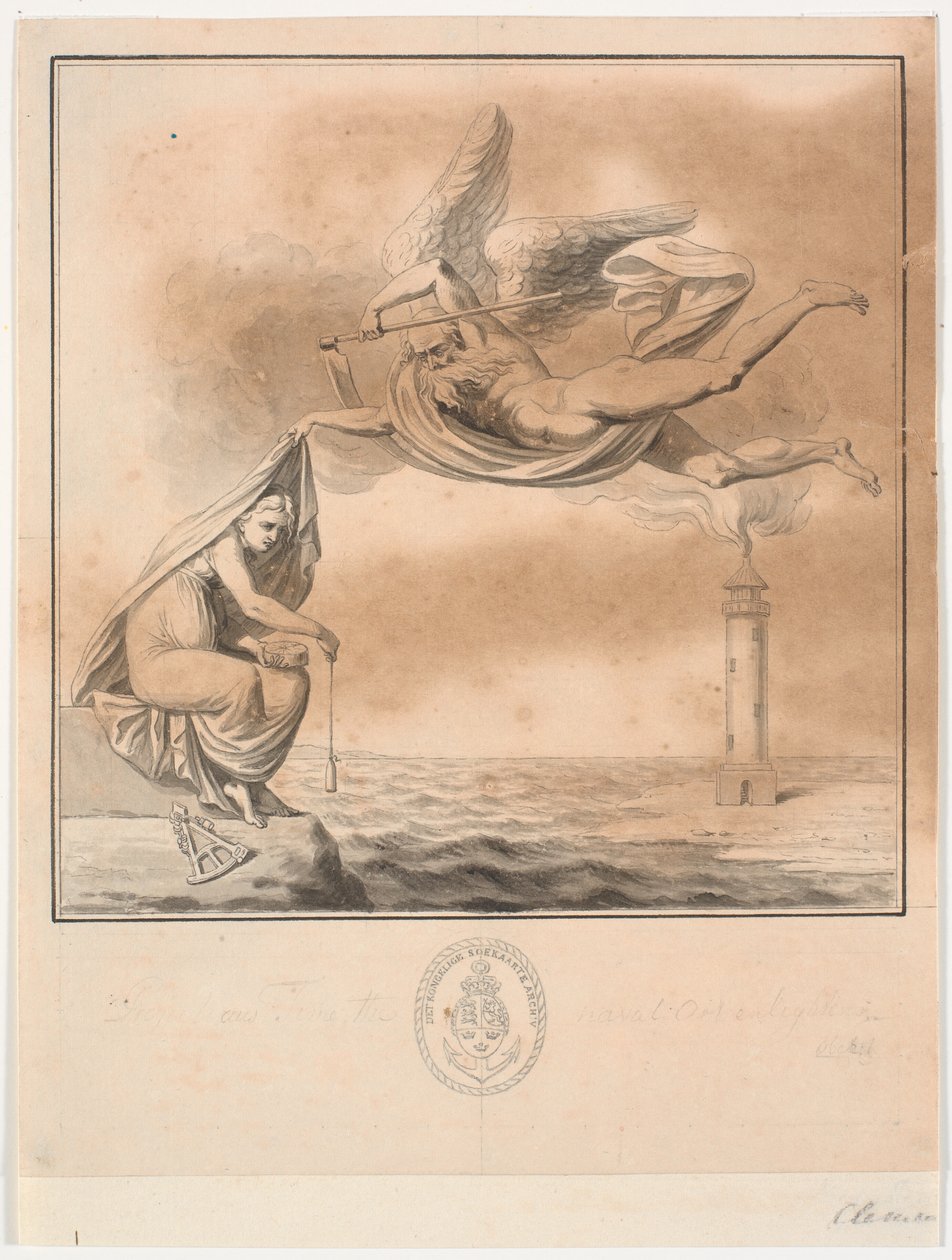 Boceto para el grabado del título de la guía de navegación de P. Løvenørn para el Kattegat de J.F. Clemens