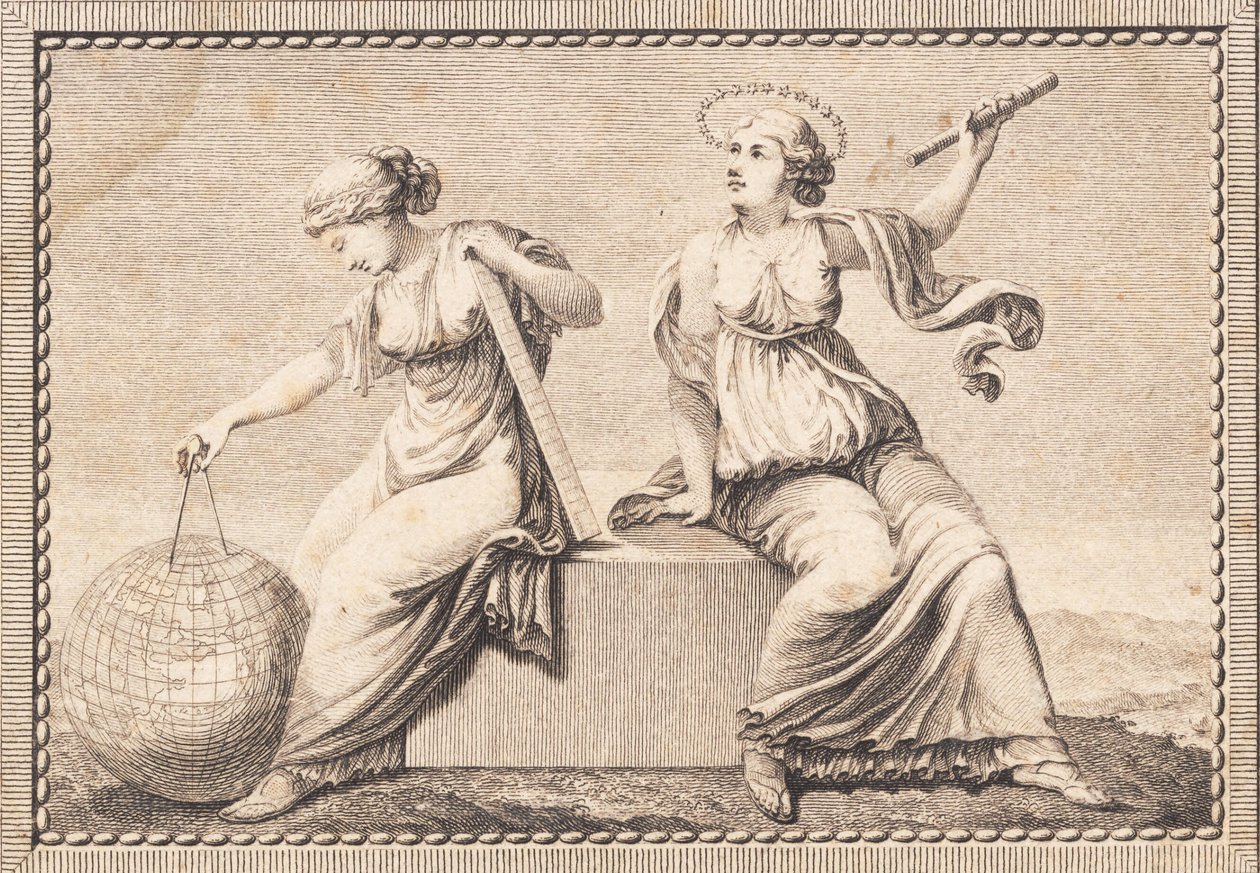 Urania y Gea sentadas en un bloque de piedra cuadrado de J.F. Clemens