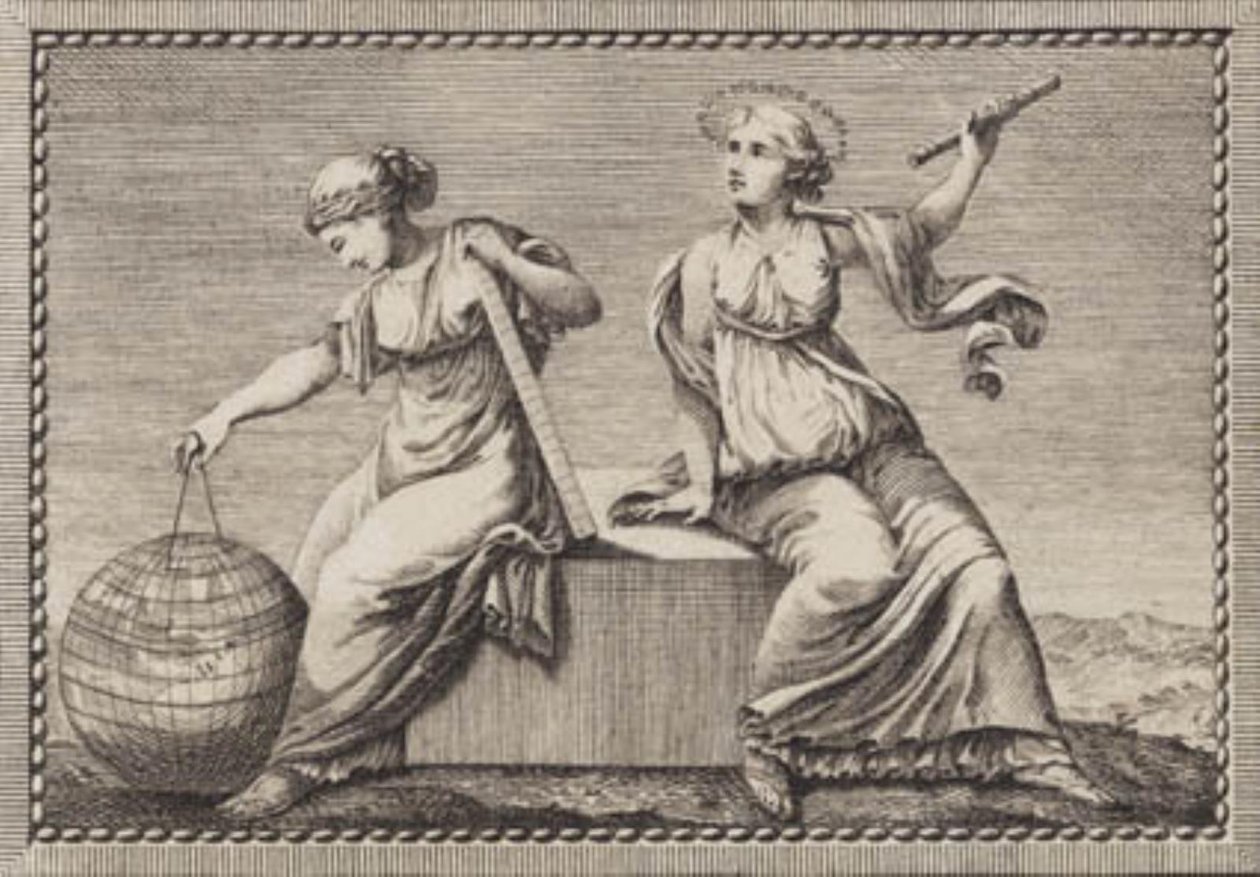 Urania y Gea sentadas en un bloque de piedra cuadrado de J.F. Clemens