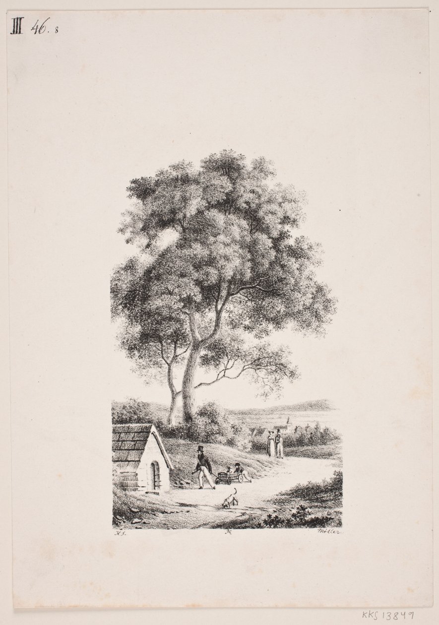 Paseando por un camino, a la izquierda árboles altos de J.F. Møller