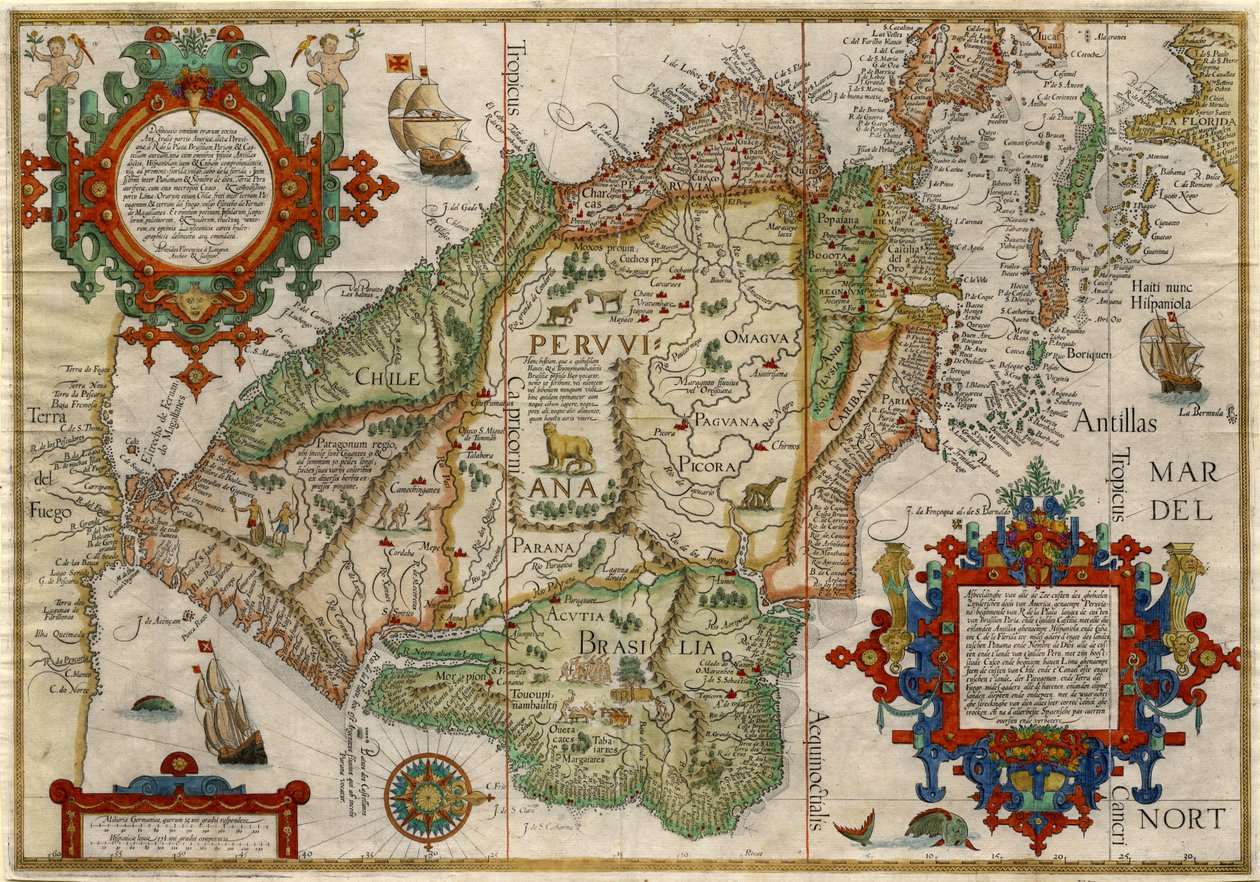 Delineatio omnium orarum totius Australis parties Americae..., c.1596 (grabado en cobre coloreado a mano) de J.H. & van Langren A.F. (1571-1644) Linschoten