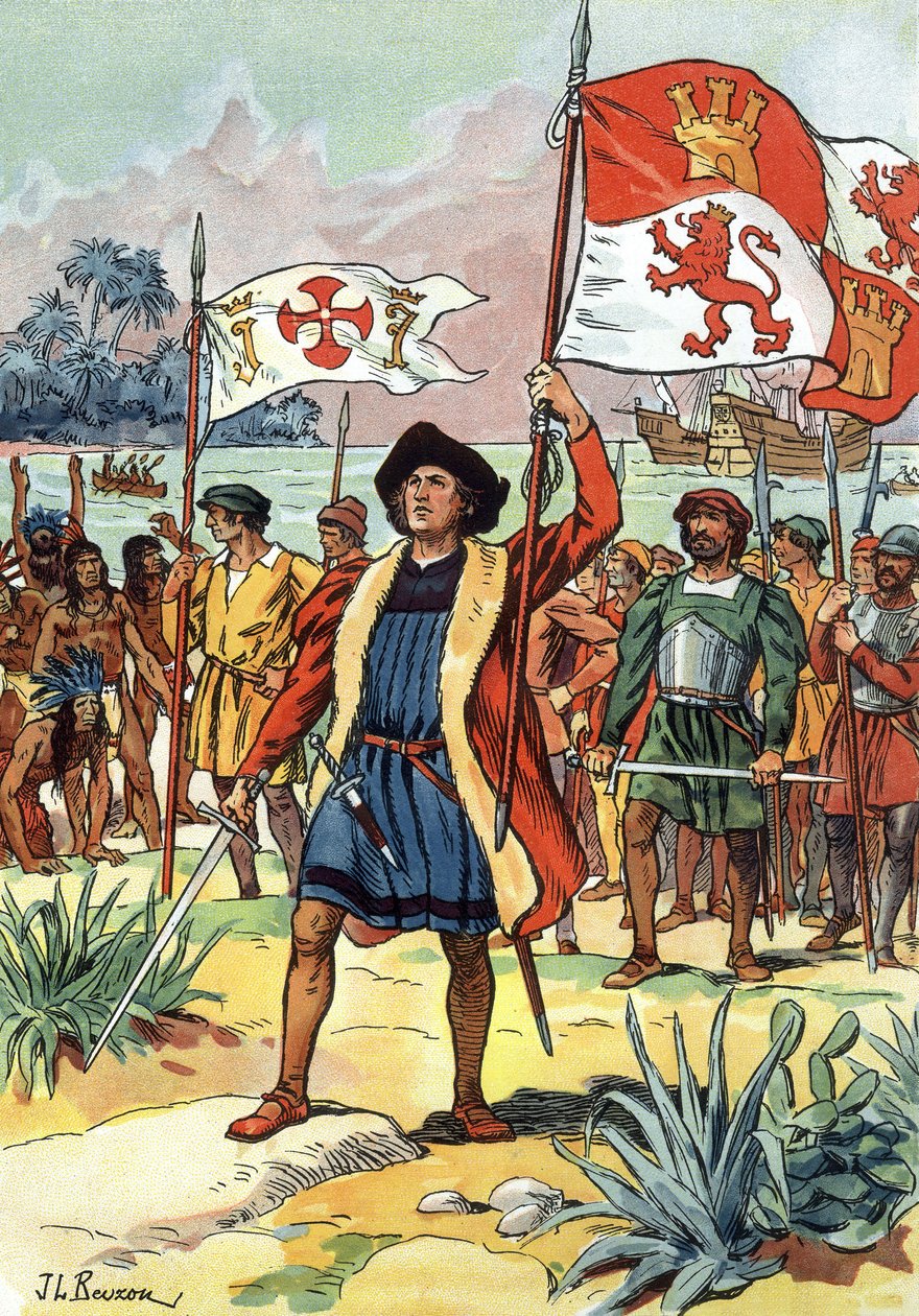 1492: Cristóbal Colón llega a América con bandera española de J.L Beuzon (fl.1880 1940)