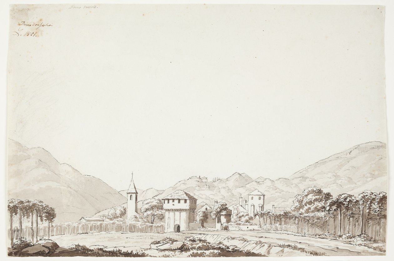 Paisaje de Domodossola en Suiza con iglesia y torre de vigilancia de J.L. Lund