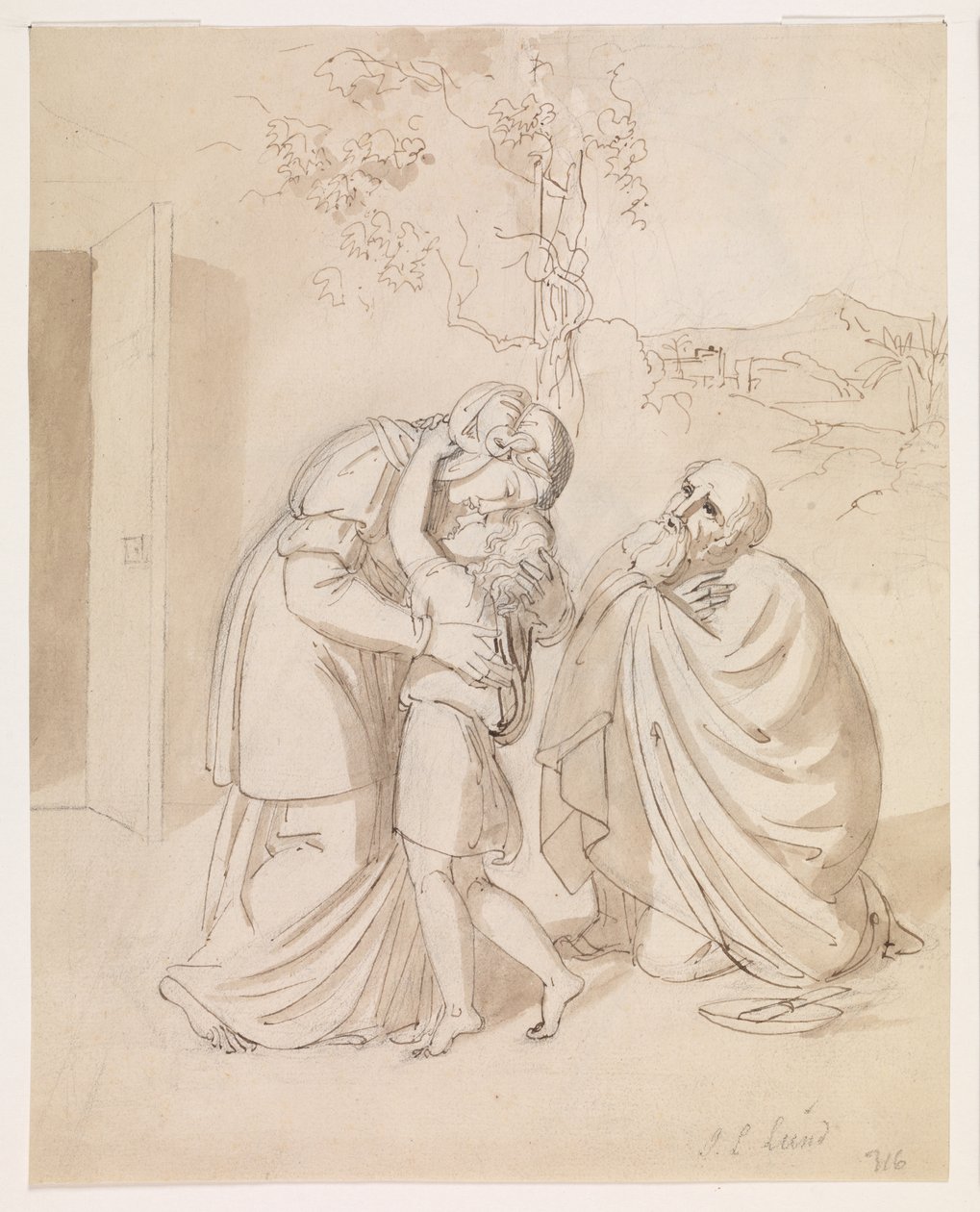 Sara se despide de Isaac, Abraham arrodillado de J.L. Lund
