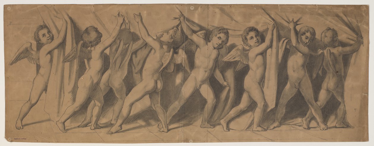 Boceto para el telón del Teatro Real; putti corriendo la cortina de J.L. Lund