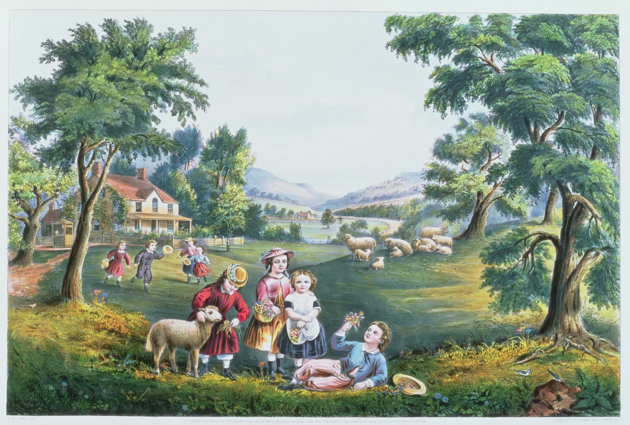 Las Cuatro Estaciones de la Vida: Infancia, `La Estación de la Alegría`, grabado por Parsons y Atwater, pub. por Currier and Ives, Nueva York, 1868 de N. and Ives, J.M. Currier