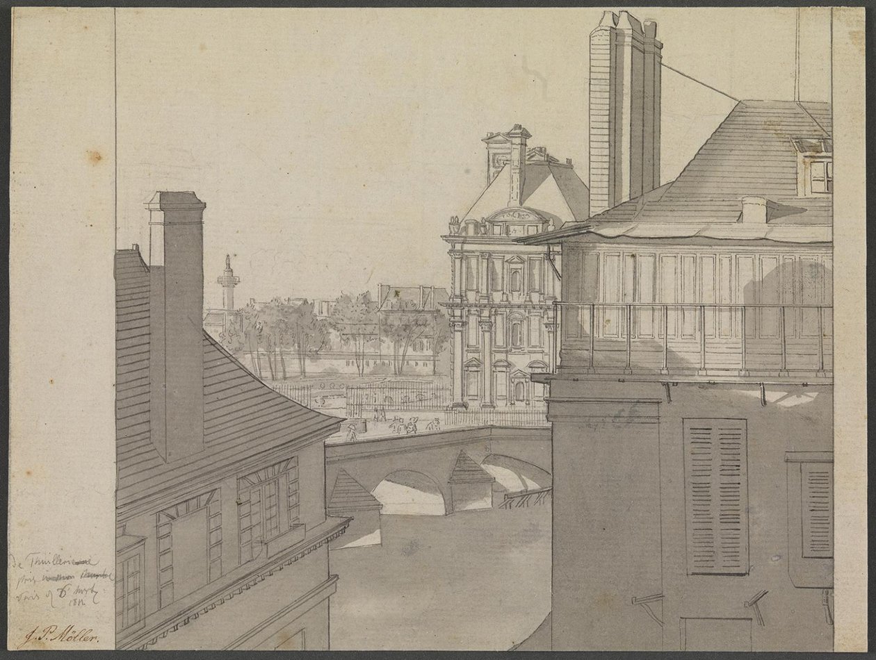 Vista desde el Apartamento de J.P. Møller en el Hotel d’Irlande, Rue de Beaune no. 3, a través del Sena hacia las Tullerías y Rue de Rivoli, 6 de Marzo de 1812 de J.P. Møller