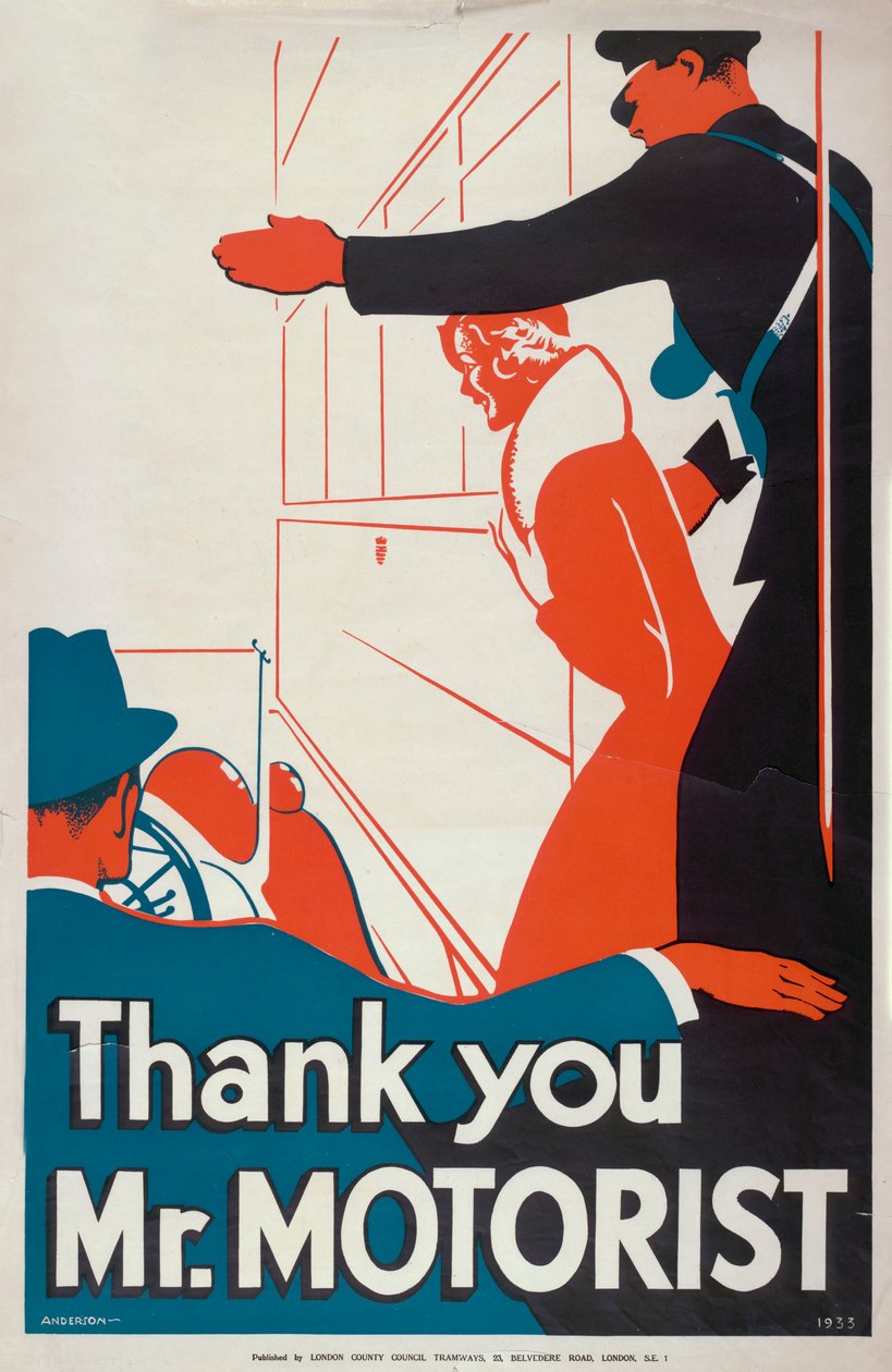 Gracias Sr. Automovilista, cartel de tranvías del Consejo del Condado de Londres, 1933 de JS Anderson