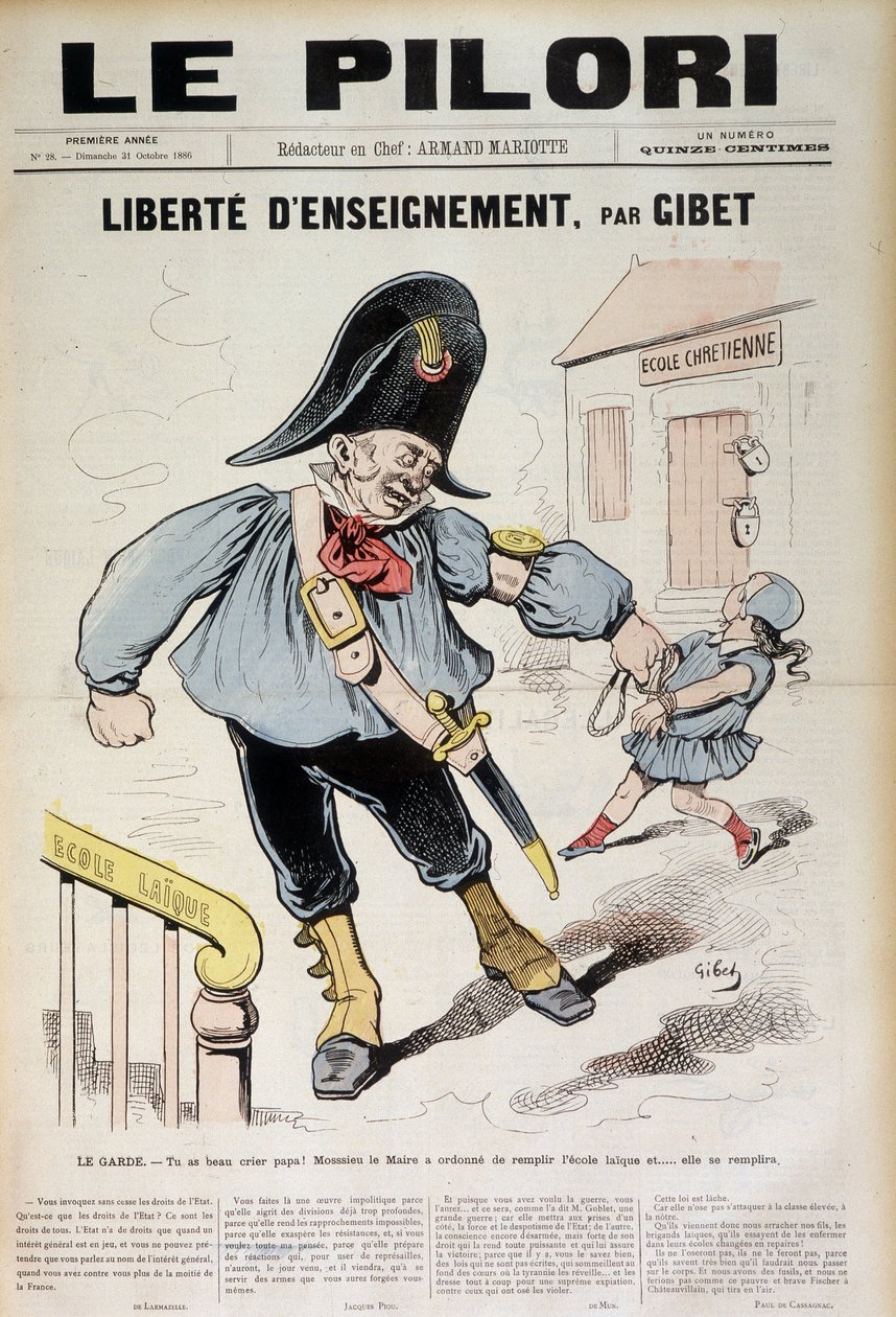 Libertad de enseñanza por Gibet: La Guardia - ¡Puedes gritar papá! El alcalde ha ordenado llenar la Escuela Laica y... se llenará (Caricatura sobre la Escuela Laica), portada de "Le Pilori" del 31 de octubre de J.  Blass