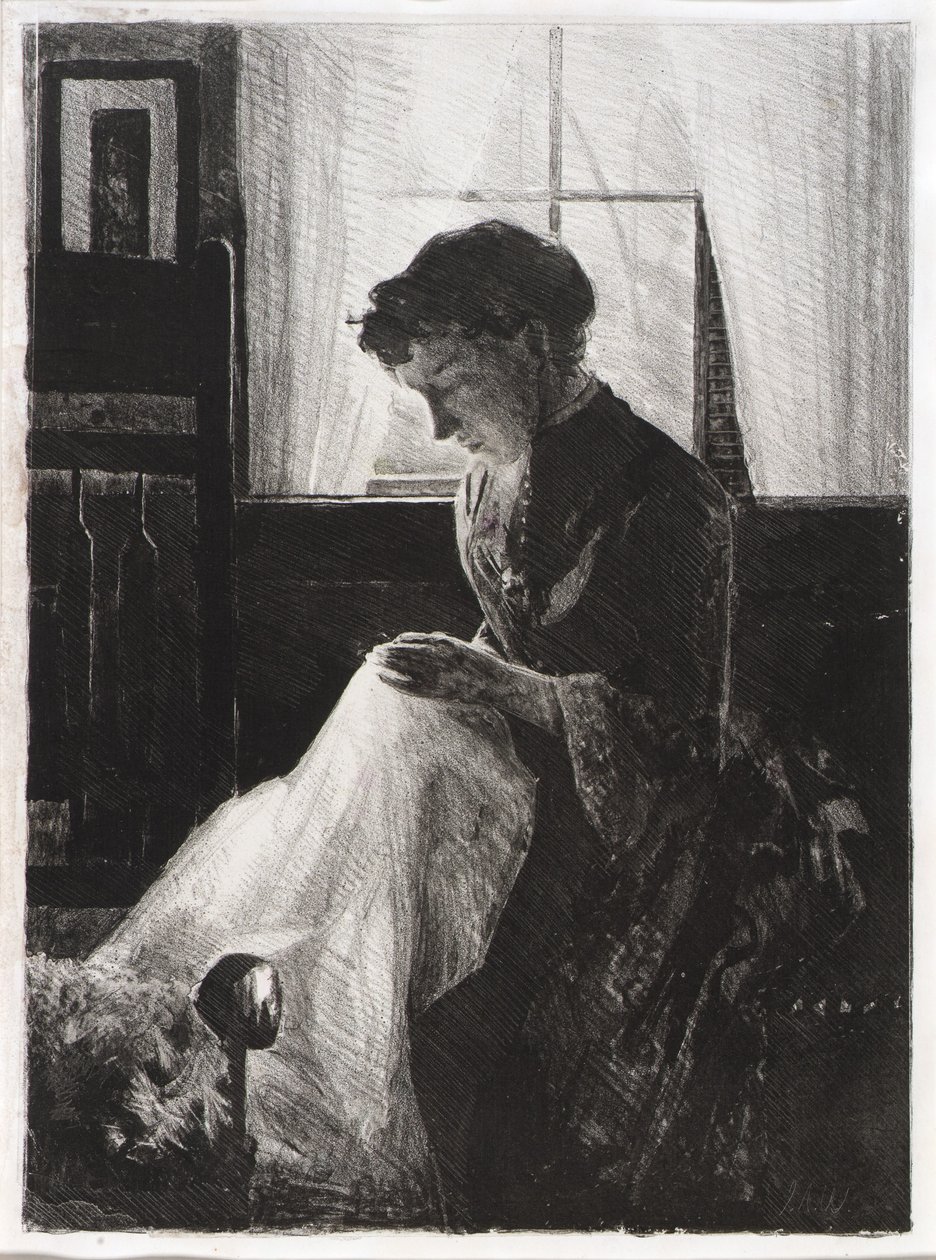 Retrato de perfil de una mujer cosiendo de J. Alden Weir