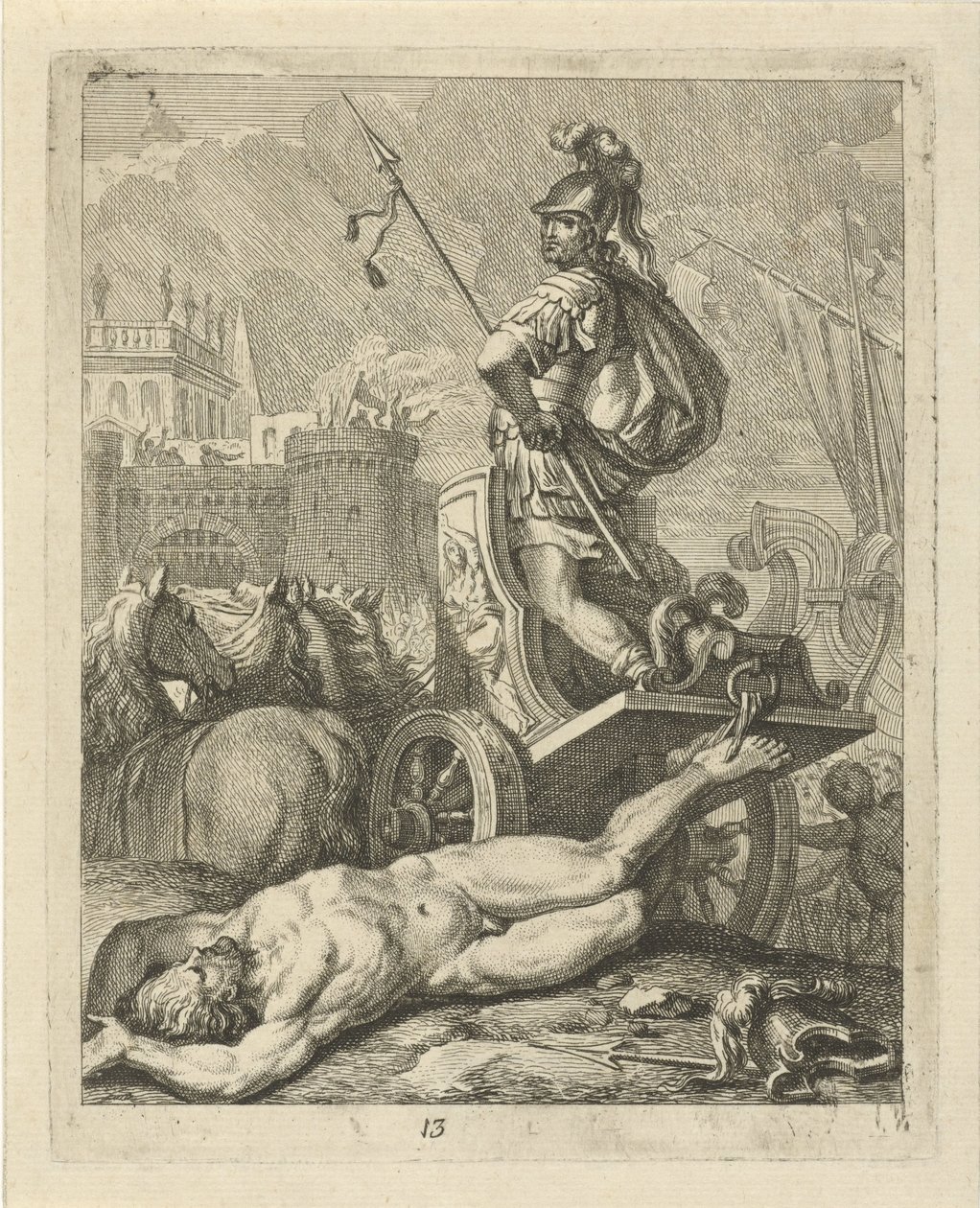 Aquiles con el cadáver de Héctor detrás de su carro. Escenas de la vida de Aquiles (título de la serie) Vitam et mortem achilli (título de la serie) de J. Alexander Janssens