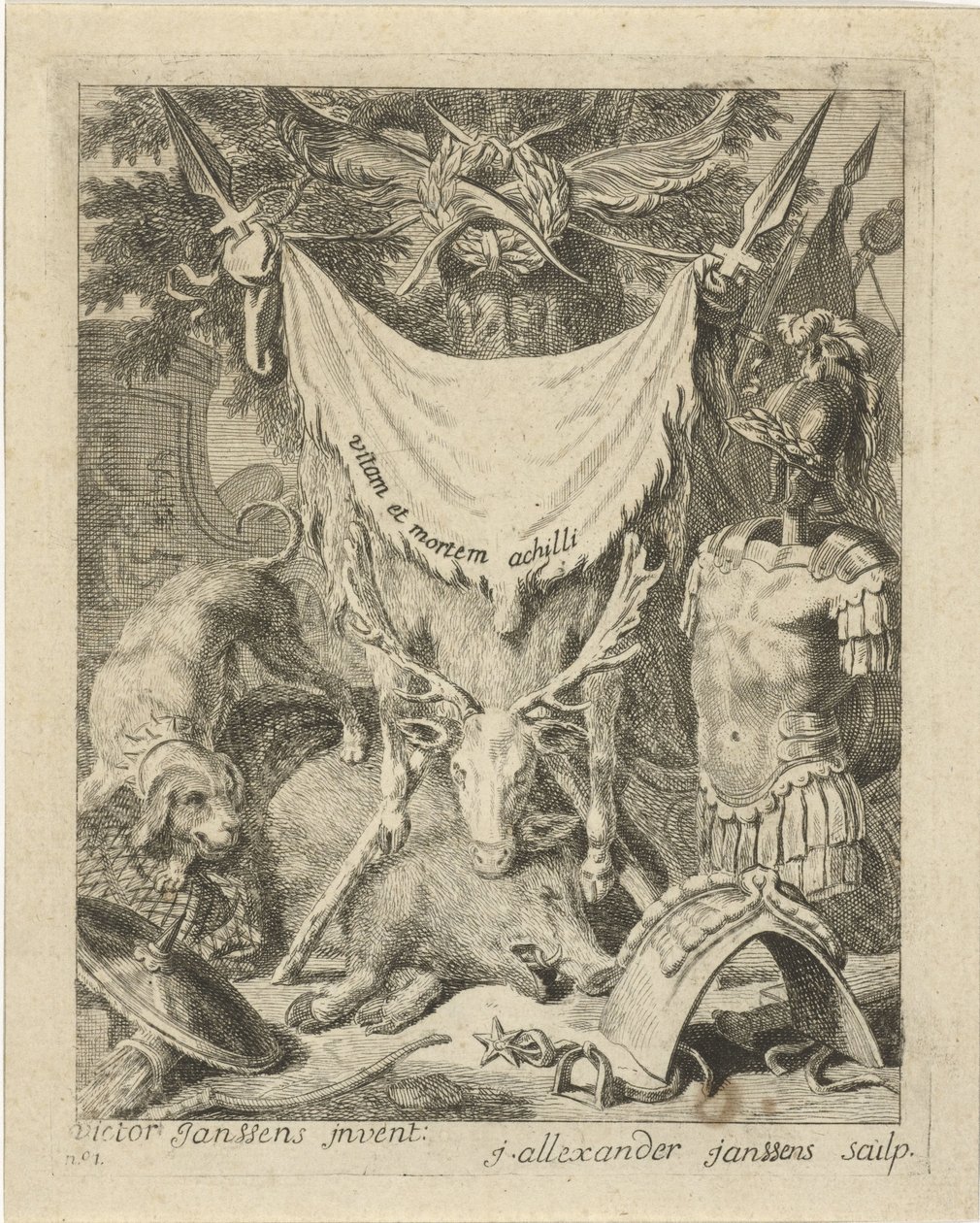 Impresión de título para una serie con escenas de la vida de Aquiles Escenas de la vida de Aquiles (título de la serie) Vitam et mortem achilli (título de la serie sobre el objeto) de J. Alexander Janssens