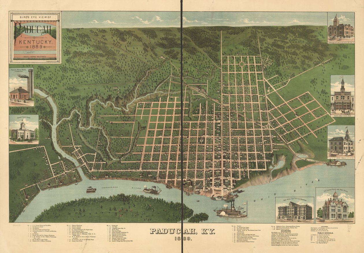 Vista de pájaro de Paducah, Kentucky 1889. de J. Blanton; Krebs Lithographing Company Postlethwaite