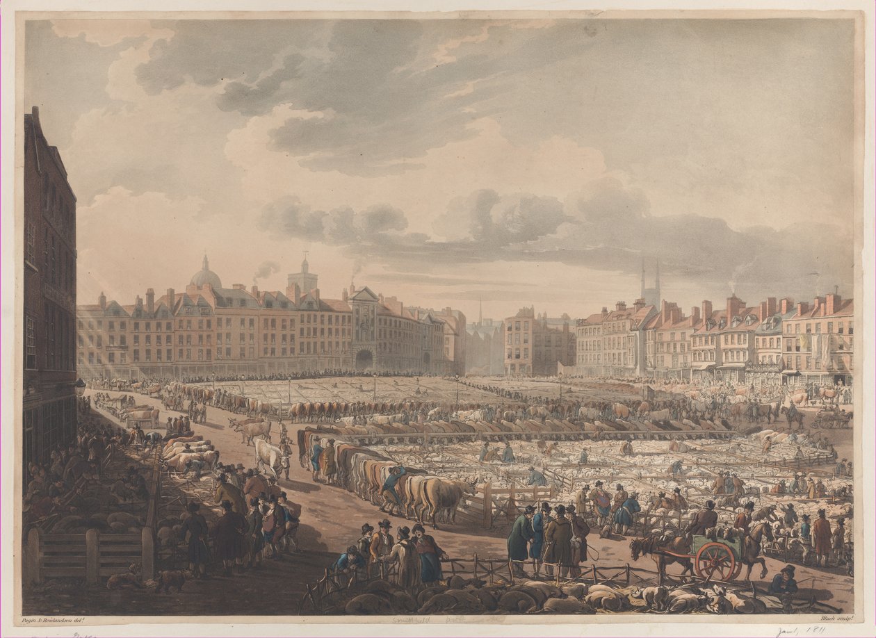Vista aérea del mercado de Smithfield, tomada desde el Bear & Ragged Staff, 1 de enero de 1811 de J. Bluck
