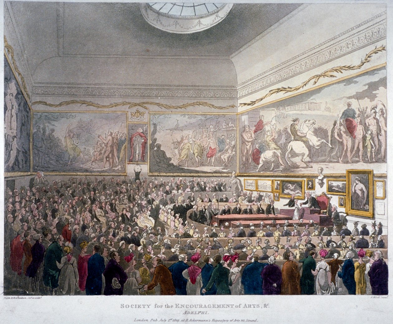 Reunión de la Sociedad de las Artes en los edificios Adelphi, Westminster, Londres, 1809 de J Bluck