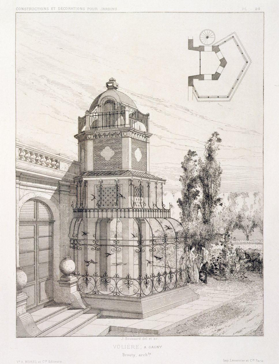 Aviario para pájaros cantores, de un volumen de diseños de varios arquitectos, pub. Morel & Cie, París de J. Boussard