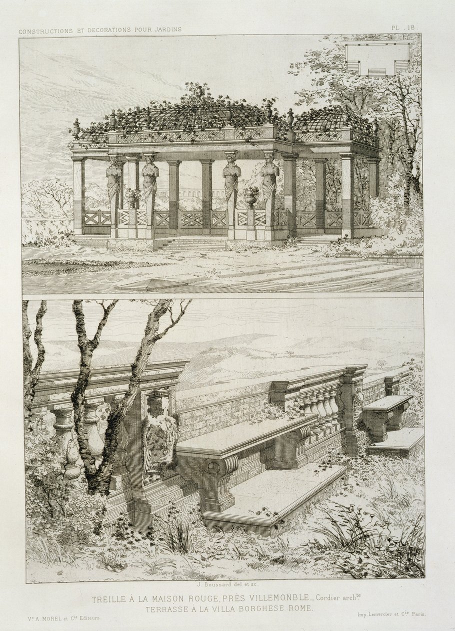 Pérgola de La Maison Rouge cerca de Villemomble, diseñada por Cordier, y terraza de la Villa Borghese, Roma de J. Boussard