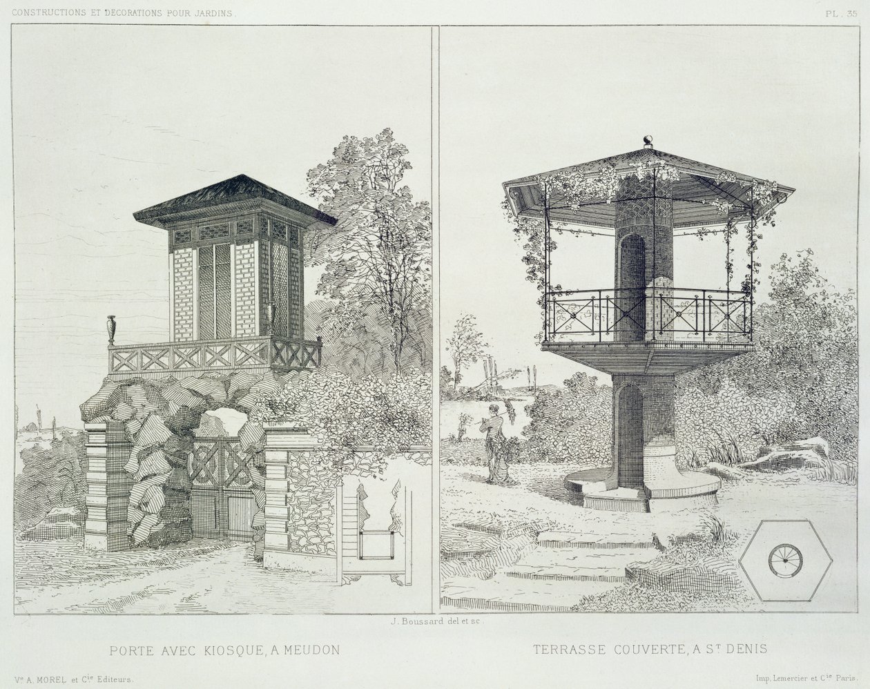 Portal con quiosco, Meudon, y terraza cubierta, St. Denis, de un volumen de diseños de varios arquitectos, pub. Morel & Cie, París, c.1880 de J. Boussard