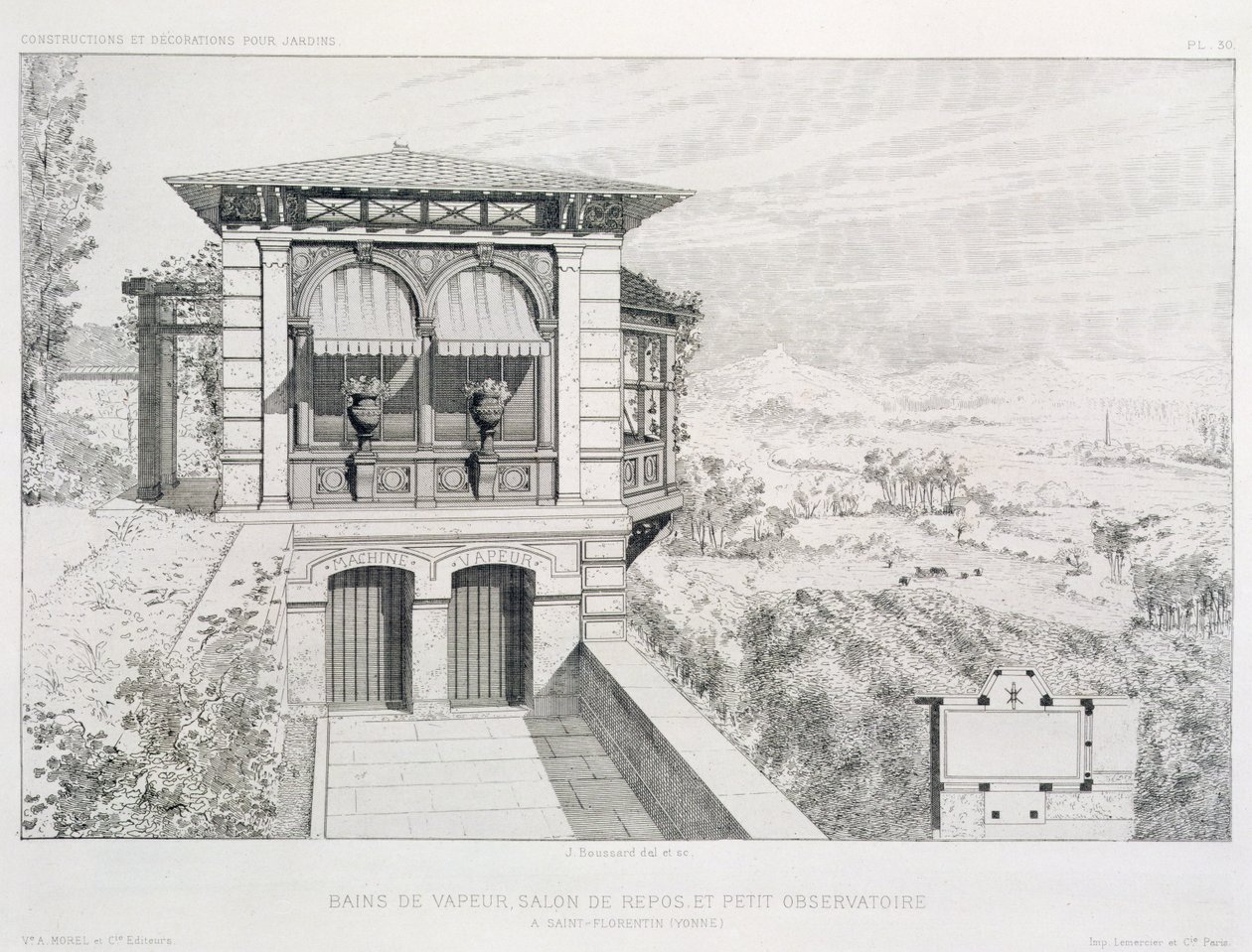 Baños de vapor, observatorio arriba, de un volumen de diseños de varios arquitectos, pub. Morel & Cie, París de J. Boussard