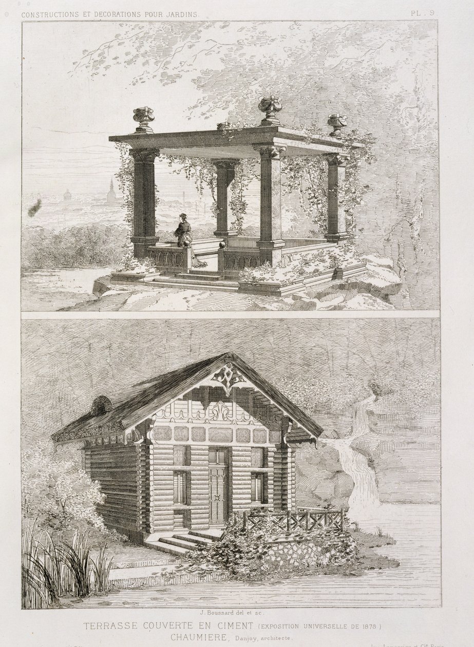 Terraza cubierta con cemento y cenador diseñado por Danjoy de J. Boussard