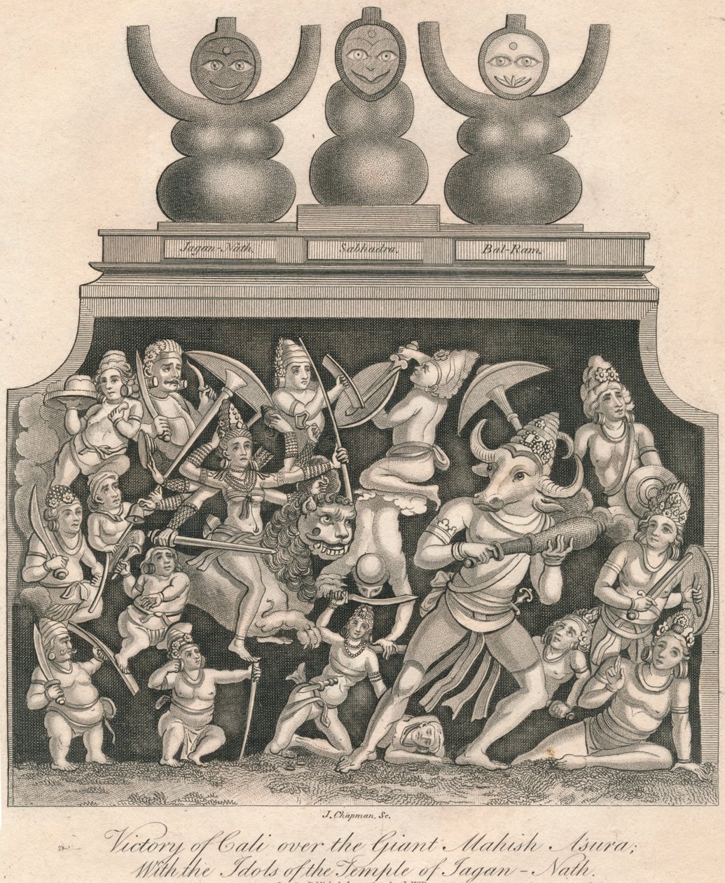 Victoria de Cali sobre el Gigante Mahish Asura, con los ídolos del Templo de Jagan-Nath, 1809 de J. Chapman