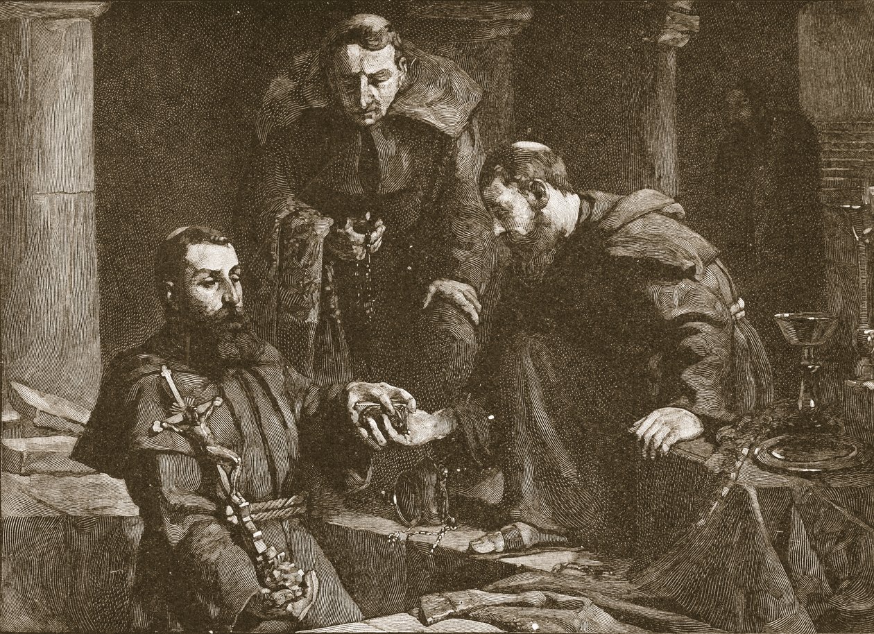 Escondiendo tesoro en la supresión de un monasterio, ilustración de La Iglesia de Inglaterra: Una Historia para el Pueblo por H.D.M. Spence-Jones, pub. c.1910 litografía sepia de J. Cooke