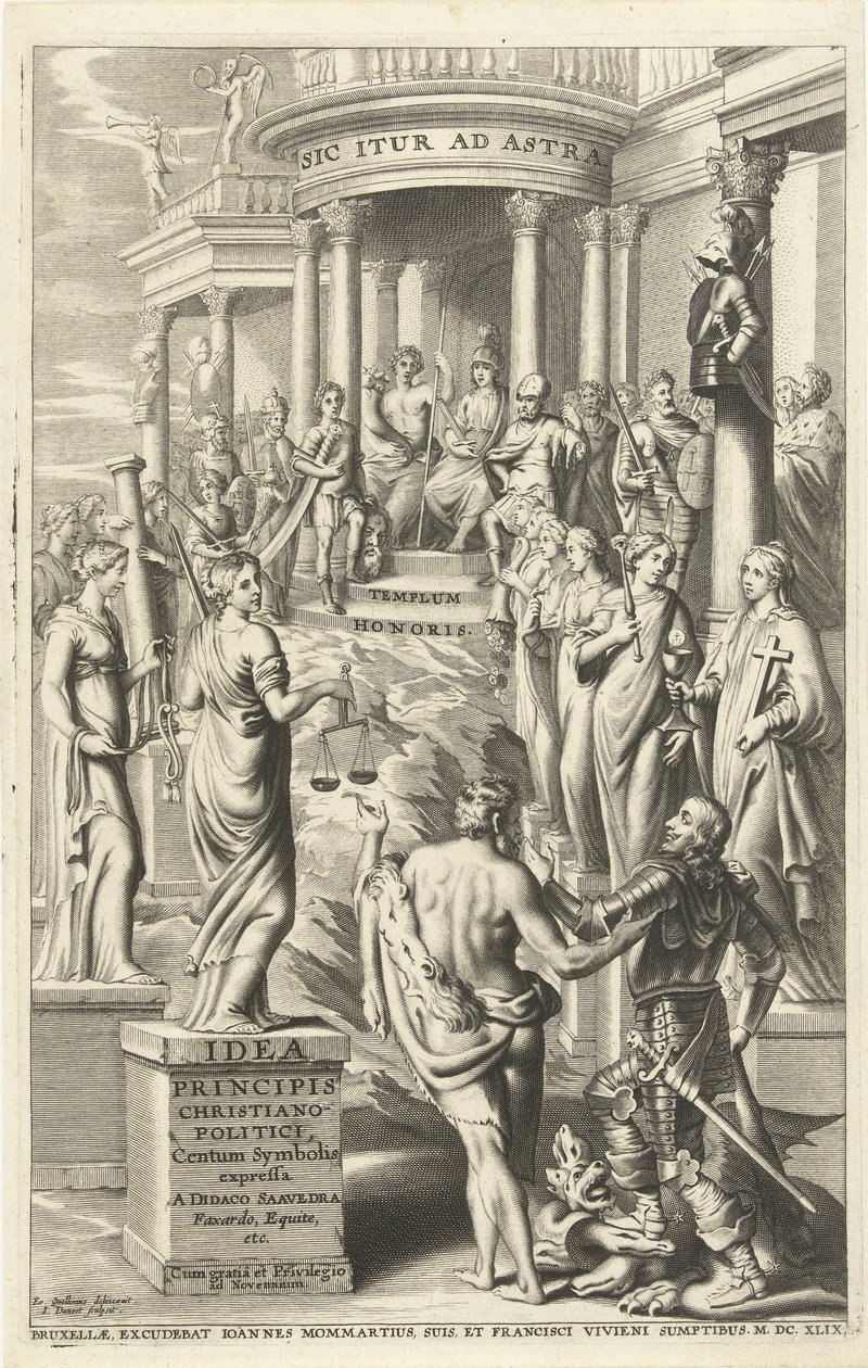 Hércules lleva al hombre más allá de las personificaciones de las virtudes al templo de la fama eterna Página de título para: Idea principis christiano-politica, Centum Symbolis expressa, Bruselas 1649 (título sobre objeto) de J. Danoot