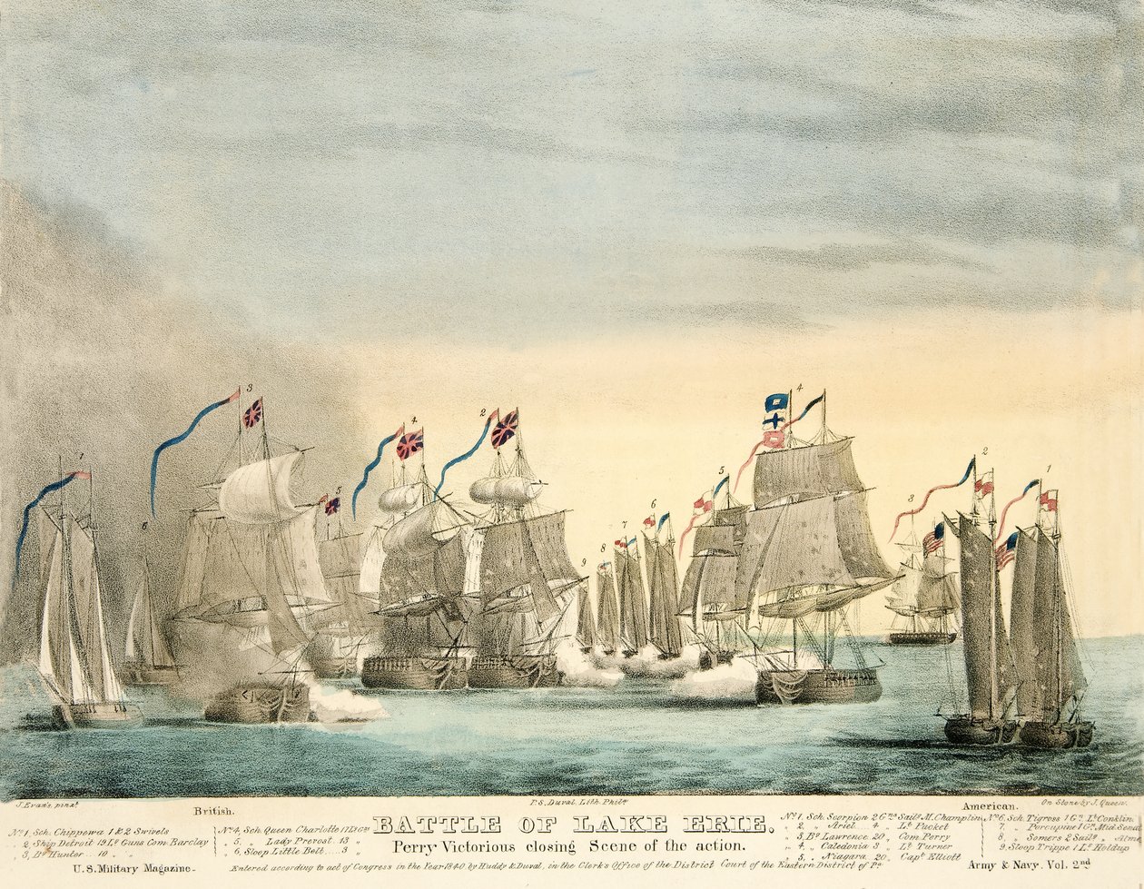 Batalla del Lago Erie. Perry Victorioso escena final de la Acción de la Revista del Ejército y la Marina, pub. 1840 de J. Evans